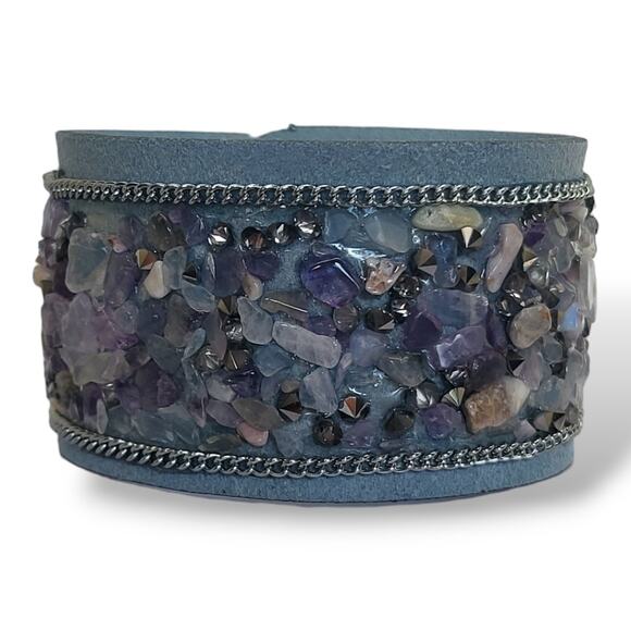 New Blue Suede Leather Tumbled Amethyst Moonstone Quartz Hematite Bracelet 7" - Picture 1 of 7